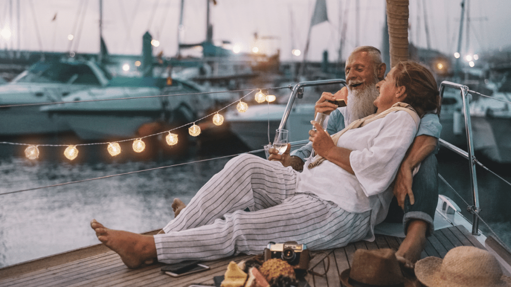 People drinking wine with lights on a yacht
