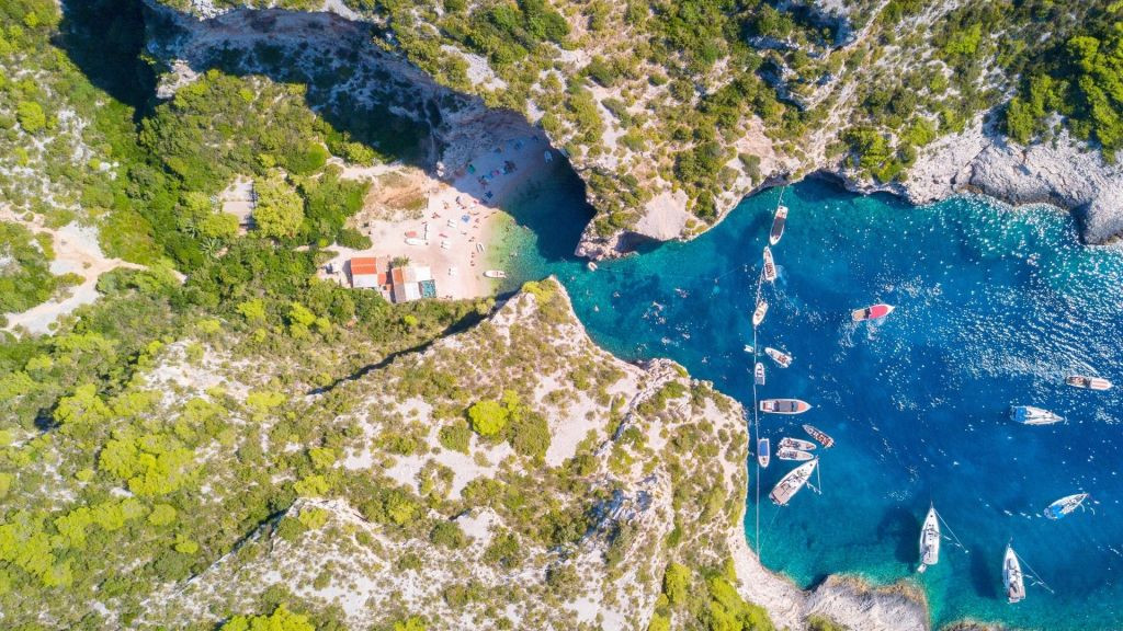 Boats docked in a cove.