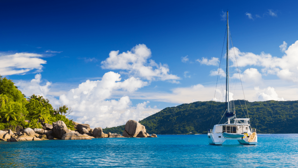 Catamaran on blue water